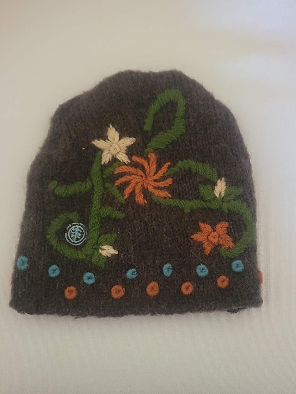 Element Brown Knit Beanie with Green Vine and Orange Floral Embroidery